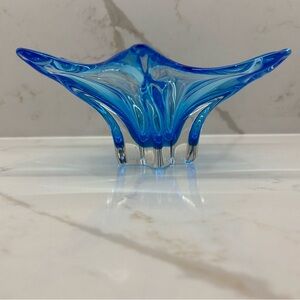 Vintage Blue Art Glass Decorative Console Centrepiece Bowl Heavy MCM Star Design